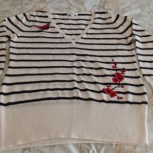 New York & Company Black and White Striped V-Neck Sweater